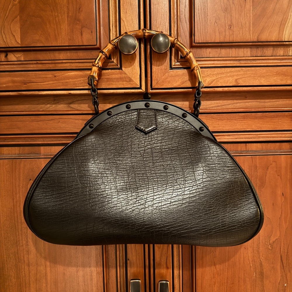 GUCCI Bamboo Top Handle Black Leather Frame Bag by Tom Ford